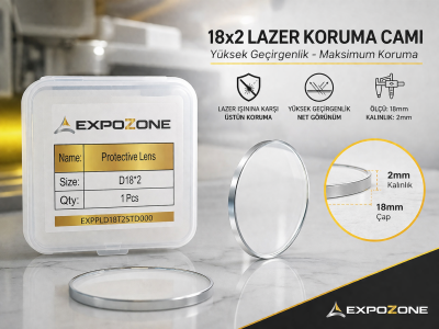 Alternatif metin: 18x2 lazer koruma camı ürün kutusu ve teknik özellikler