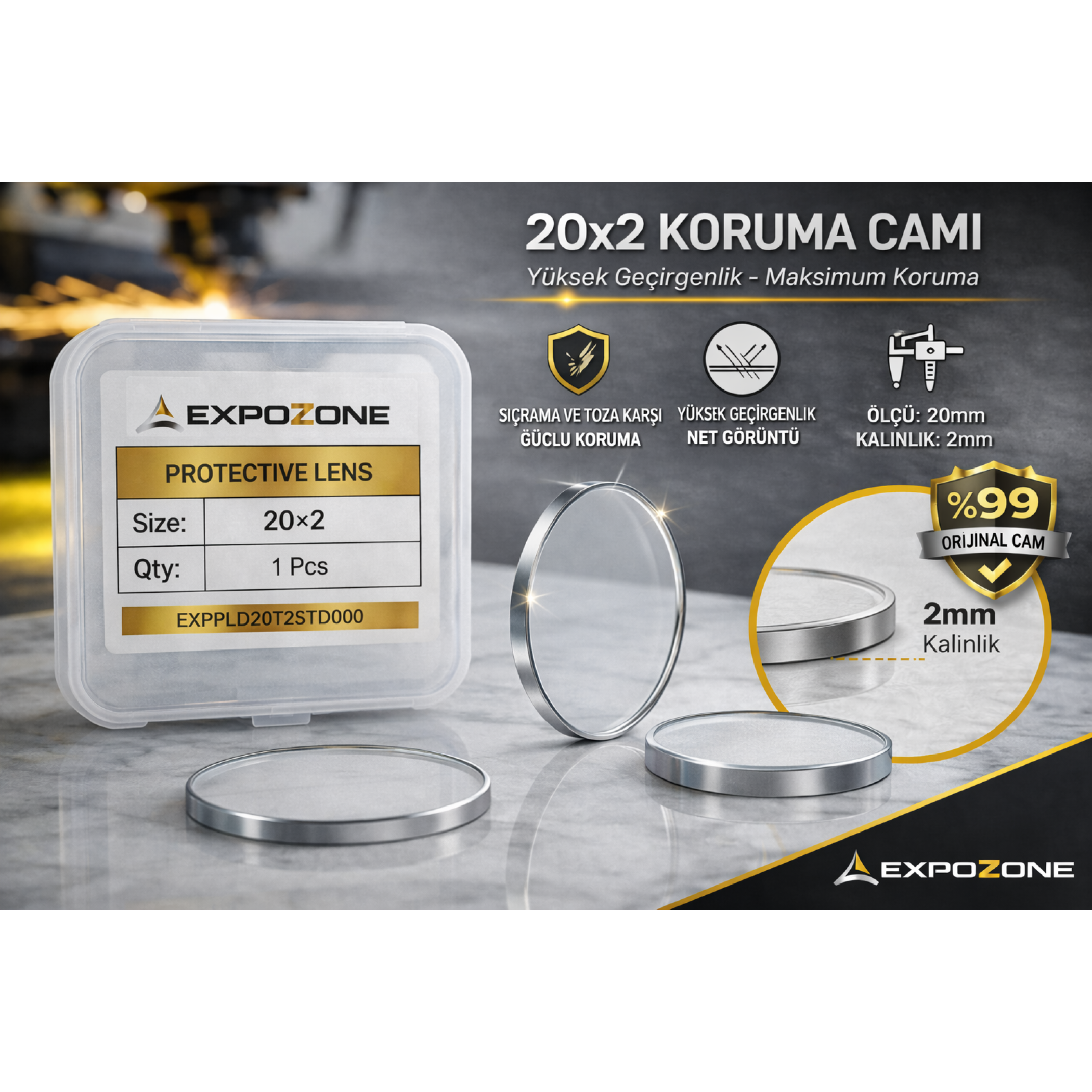 20x2 lazer koruma camı protective lens fiber lazer kesim camı yüksek geçirgenlik yedek lens
